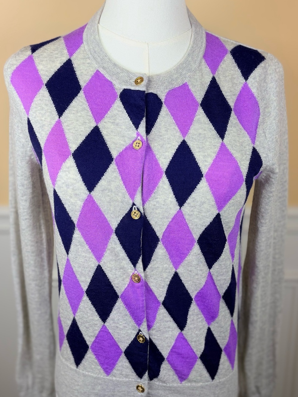 💜 J.Crew 100% Merino Wool Argyle Cardigan Small Gray Purple Navy